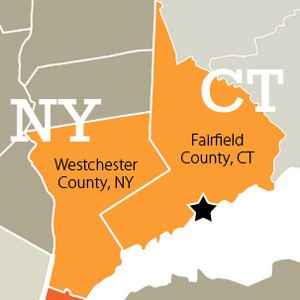 A map of Westchester County, NY and Connecticut