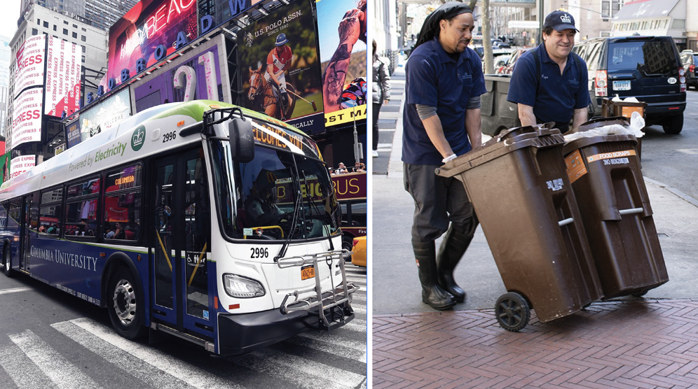 Left: Sustainable Columbia electric bus in Times Square for the ACT International Conference in August, 2019; Right: Columbia Dining employees roll bins full of compost to the curb for DSNY organics collection.