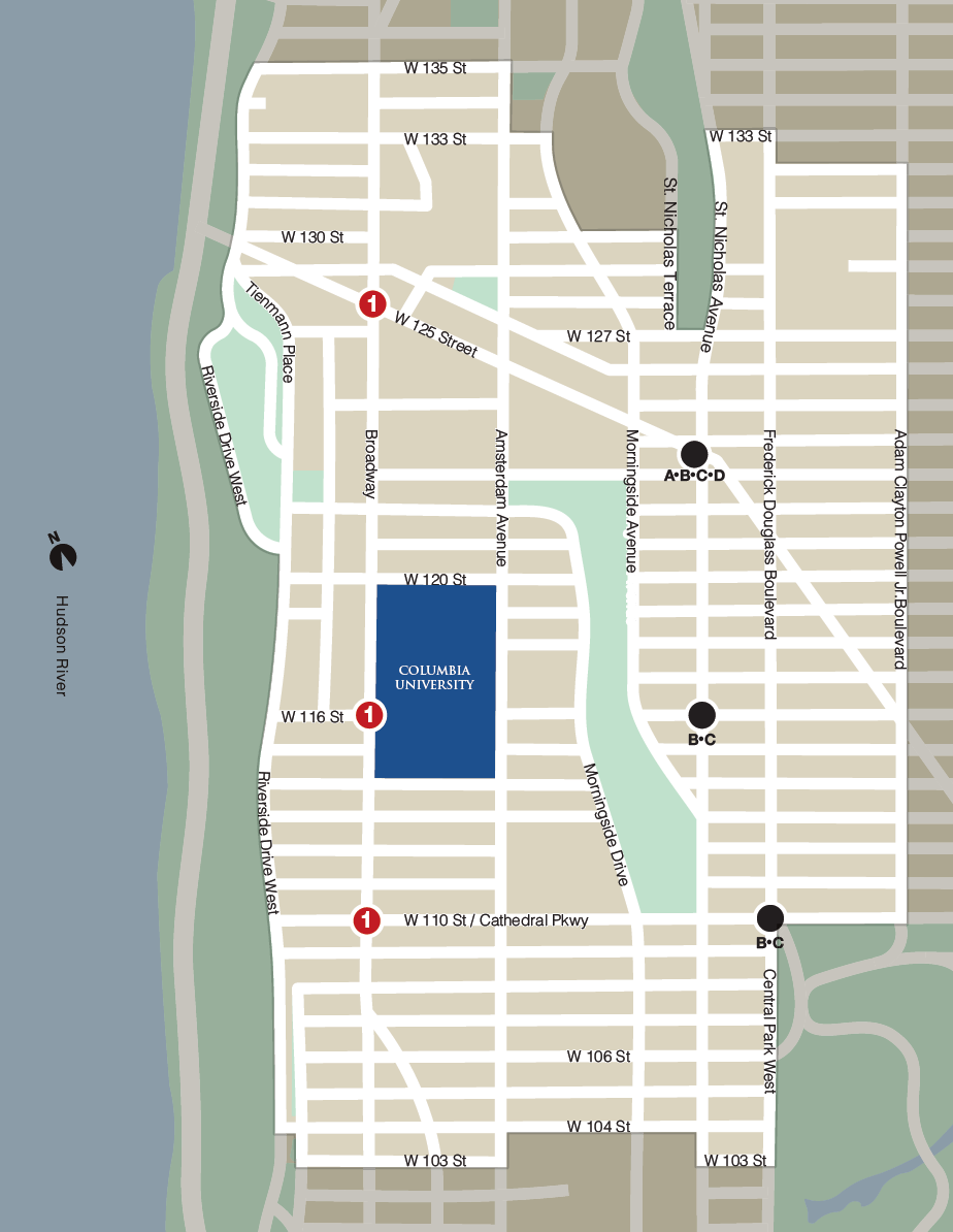 A map showing the coverage area of the Evening Shuttle, powered by Via. The area extends from 12th Ave. to Adam Clayton Powell Blvd. between 110th and 133rd Streets.