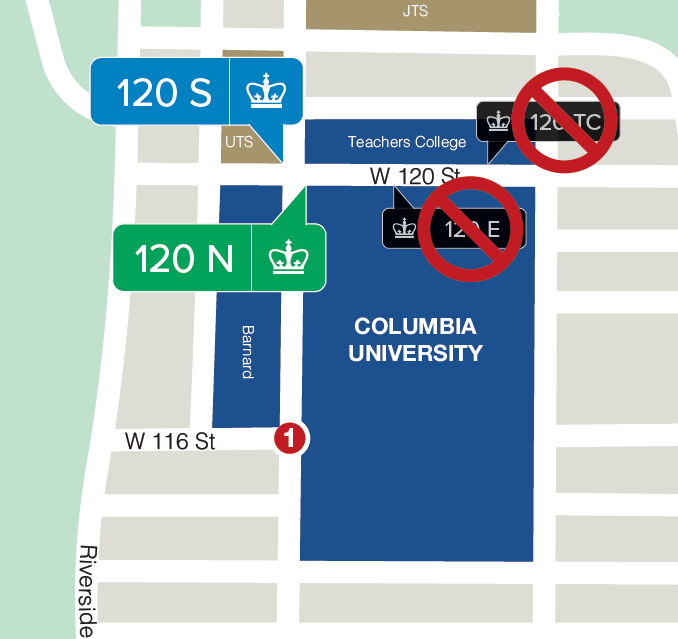 Columbia University map with shuttle stops changed due to street closure on 120th Street