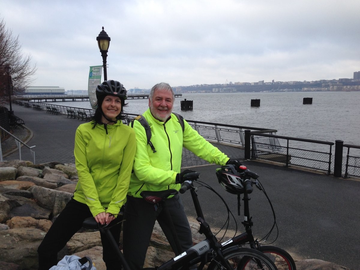 Cindy Smalletz (Narrative Medicine Program) and Doug McAndrew (College of Dental Medicine) commute to CUIMC by folding bike and New Jersey Transit from Glen Ridge, New Jersey. Cindy Smalletz (Narrative Medicine Program) and Doug McAndrew (College of Dental Medicine) commute to CUIMC by folding bike and New Jersey Transit from Glen Ridge, New Jersey.