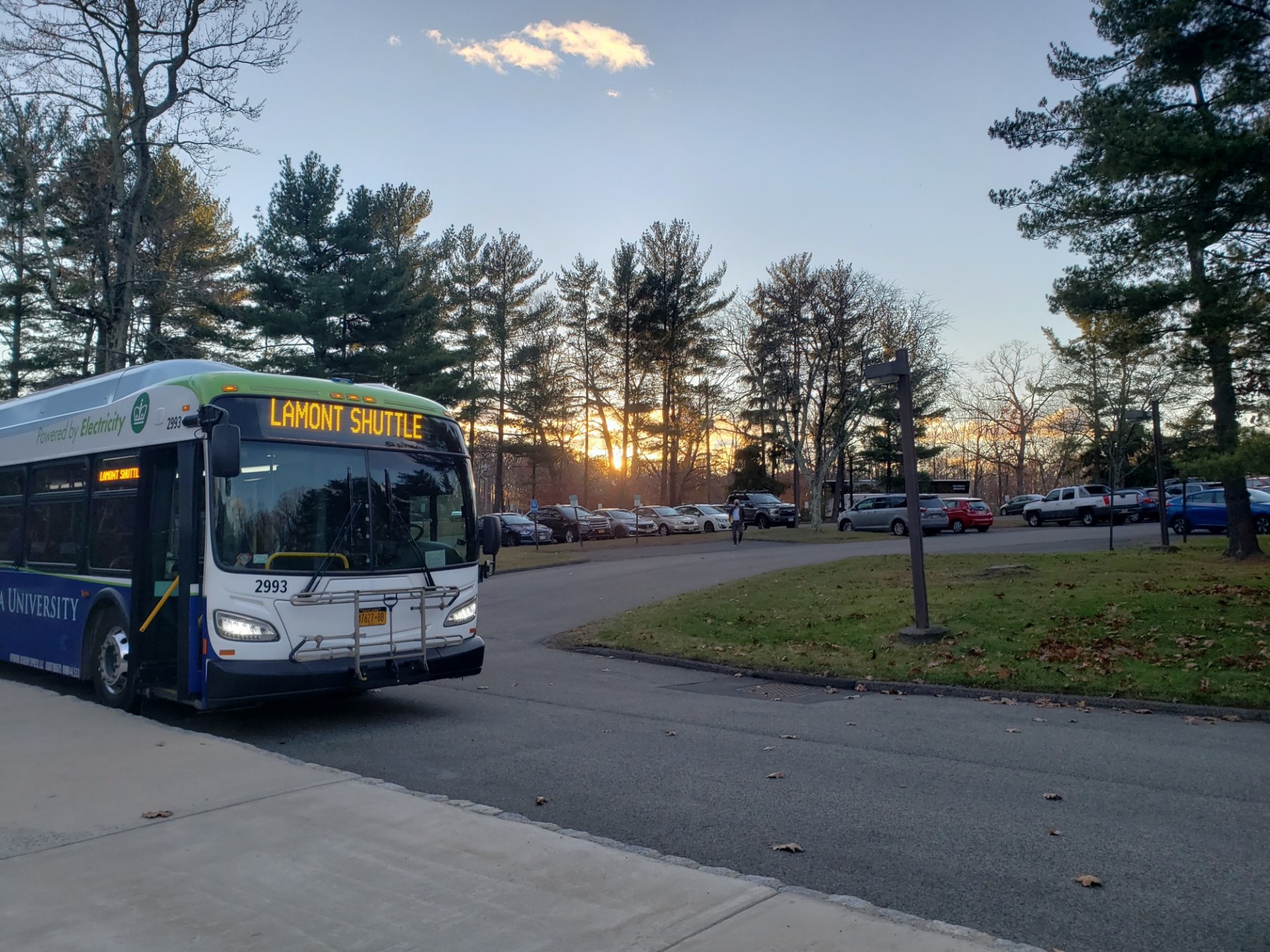 Lamont shuttle waits in the parking lot at Lamont campus