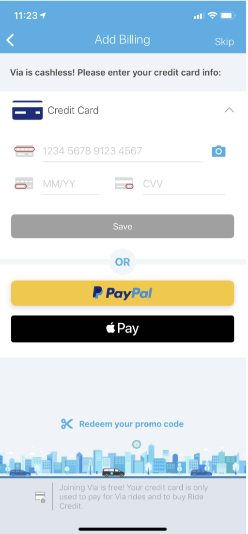 Billing information screen in Via app