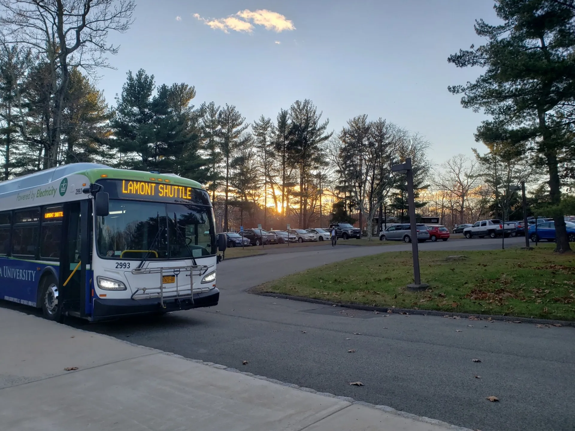 Lamont shuttle parked in the lot waiting for passengers to board