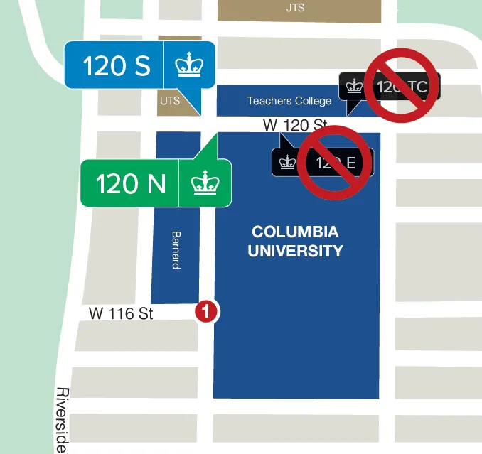 Columbia University map with shuttle stops changed due to street closure on 120th Street