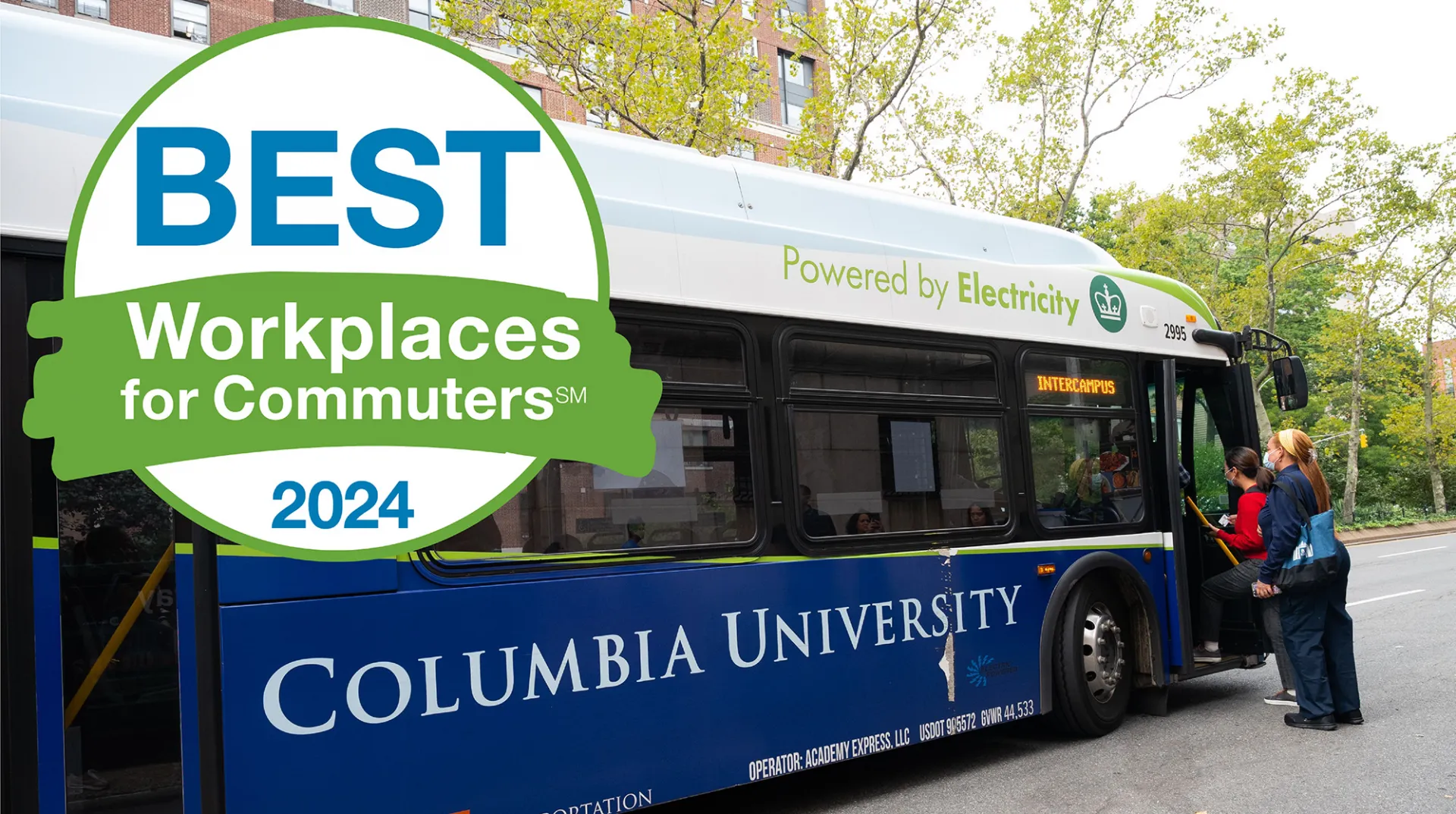 Best Workplaces for Commuters 2024 logo over an image of the Columbia University shuttle bus picking up passengers at a Manhattan bus stop