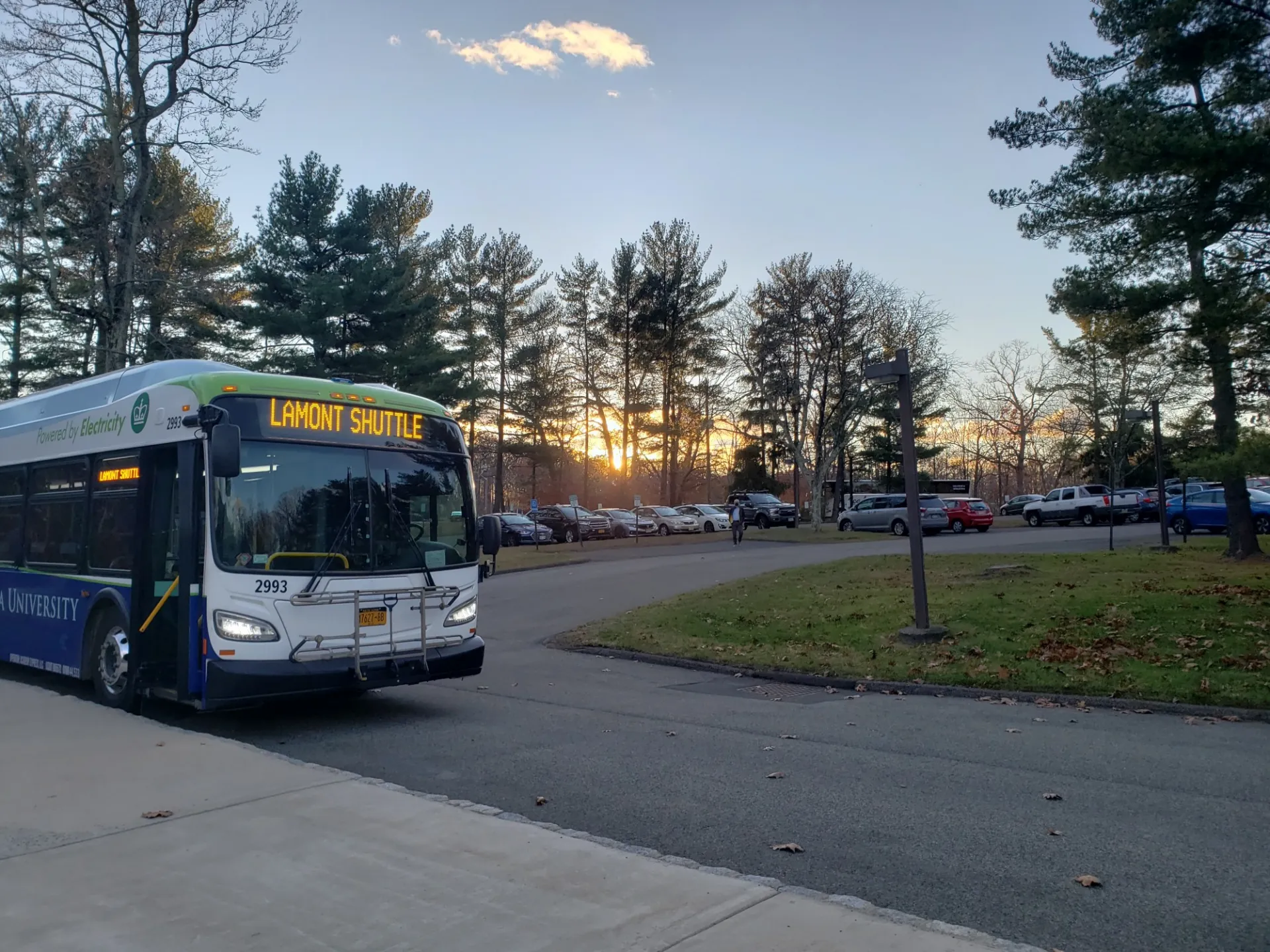 Lamont shuttle waits in the parking lot at Lamont campus