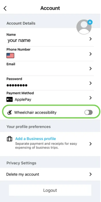 Screenshot of Via app, Account view